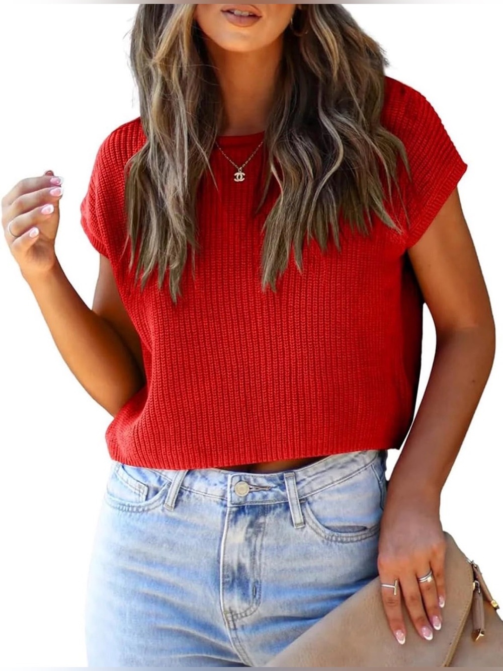 Red Cap Sleeve Chunky Knit Sweater Top Size Small